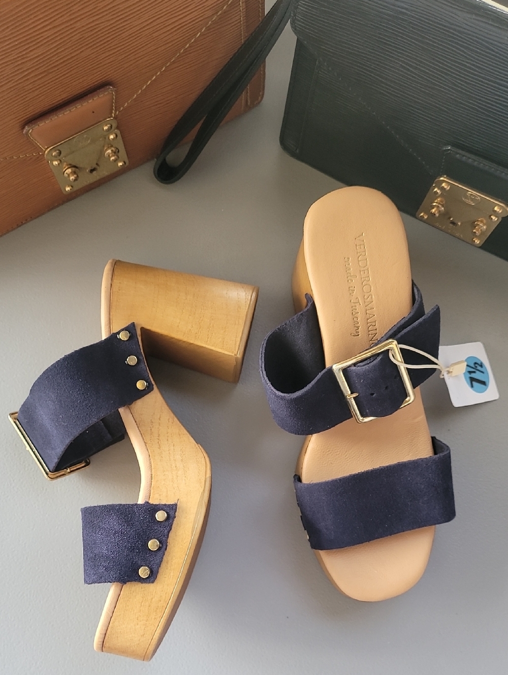 Verderosmarino Navy Leather Buckle Block Heel Sandals Made In Tuscany 7.5